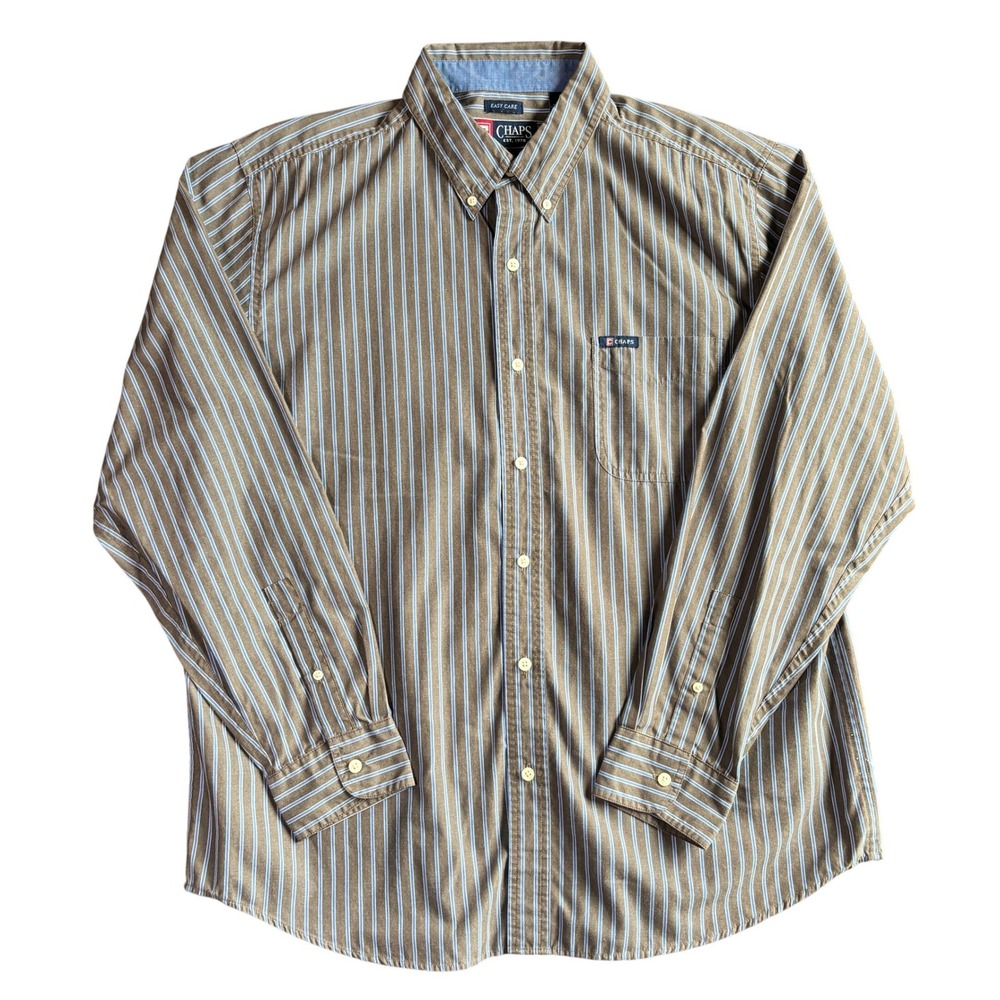 Chaps Mens XL Brown Blue‎ Striped Long Sleeve Button Down Easy Care Shirt